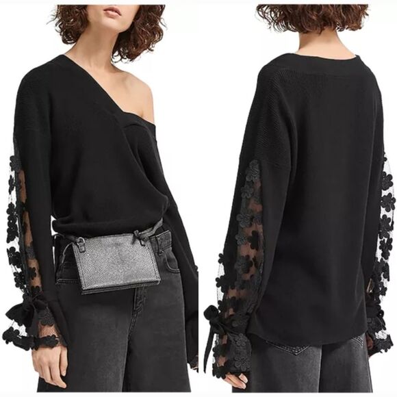 NWT|French Connection Blue/Black Caballo Floral Lace Sleeve Sweater, XS - Picture 1 of 12